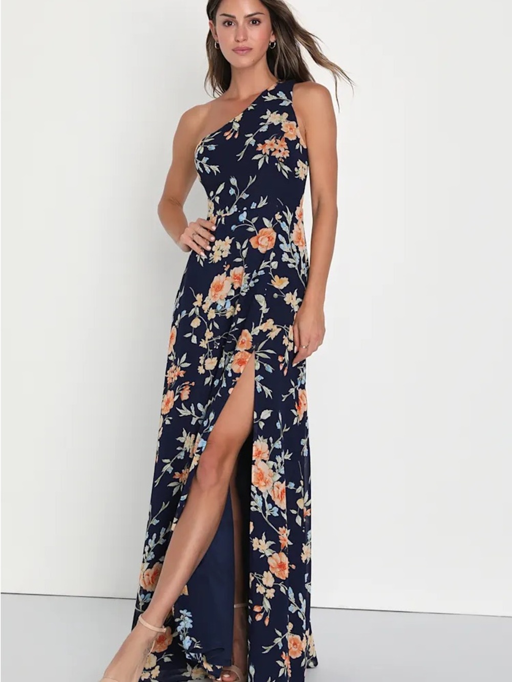 Navy Blue Floral One-Shoulder Maxi Dress